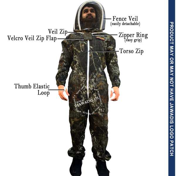 Camouflage Full Bee Suit with Zipper Veil and 14 Pockets for Beekeepers and Pest Control - 100% Cotton Protective Gear